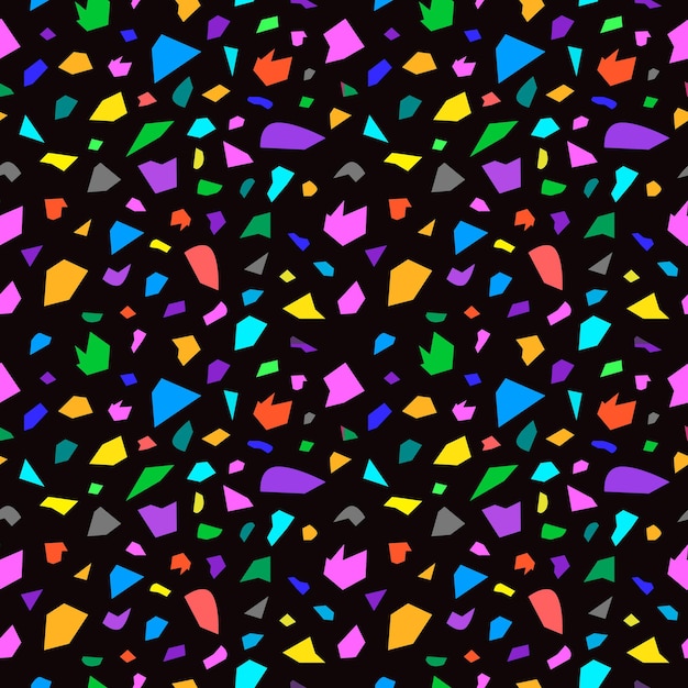 Terrazzo geometric texture. Abstract seamless pattern with colorful sprinkles scattered on black background. Creative vector illustration for backdrop, textile print, wrapping paper