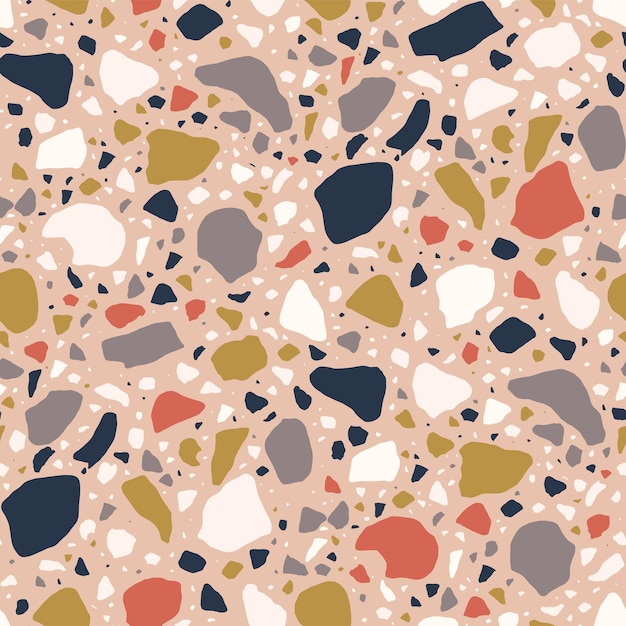 Terrazzo seamless pattern with colorful chips, fractions or fragments scattered on light background. Modern decorative vector illustration in flat style for fabric print, wrapping paper, flooring.