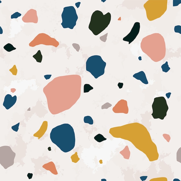 Terrazzo seamless pattern with vivid stone or rock crumbs. Elegant backdrop with mineral pieces scattered on light background. Stylish vector illustration for wrapping paper, fabric print, floor tile.