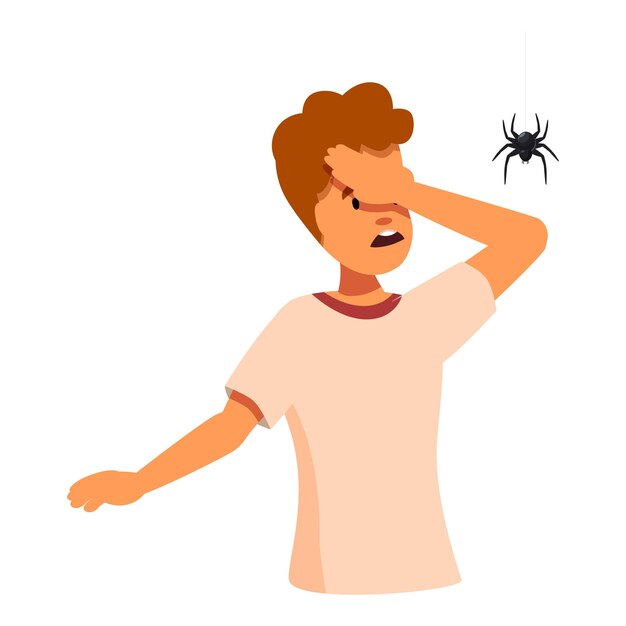 Vector terrified boy covering face with hand because of spider hanging on web