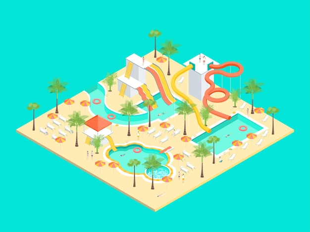 Territory of Water Park Concept 3d Isometric View for Amusement and Active Leisure Vector illustration of Outdoor Aquapark Project