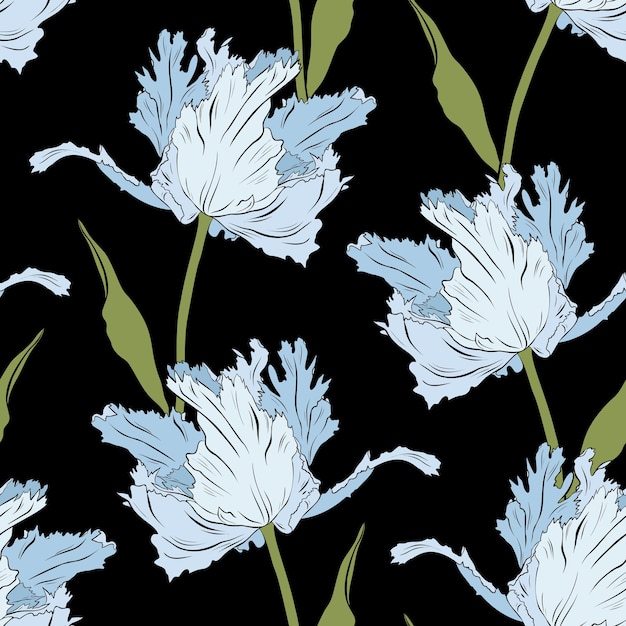 Terry blue tulips on black. Seamless pattern.