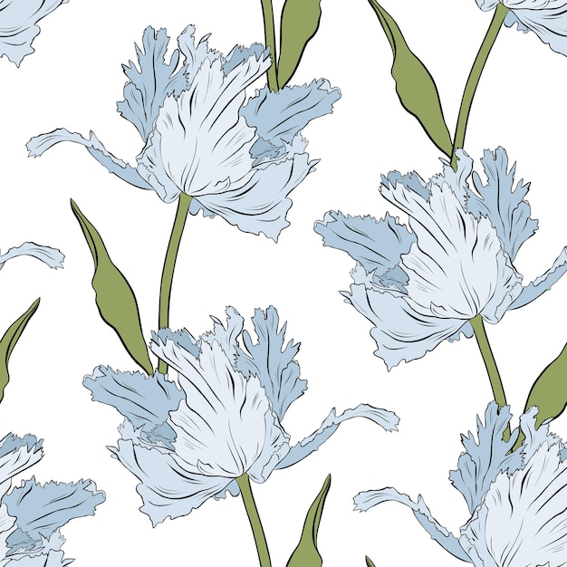 Terry blue tulips. Seamless pattern. Hand drawn vector illustration. Line art. Texture for print, fabric, textile, wallpaper.