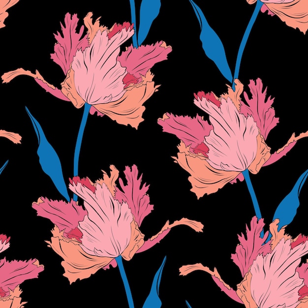 Terry pink pretty tulips. Seamless pattern. Hand drawn vector illustration. Line art. Texture for print, fabric, textile, wallpaper.