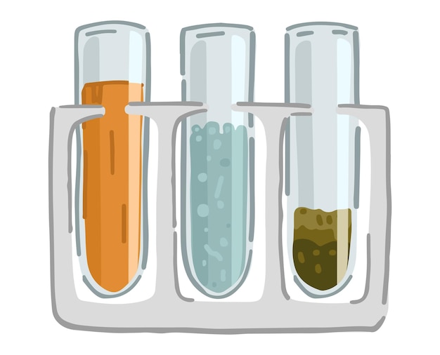 Vector test tube rack with various samples chemistry or biology laboratory education experiment clip art cartoon style vector illustration isolated on white