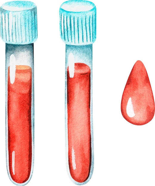 Test tubes with blood and a drop Watercolor illustration