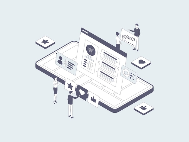 Testimonial Mobile Isometric Illustration Lineal Grey. Suitable for Mobile App, Website, Banner, Diagrams, Infographics, and Other Graphic Assets.