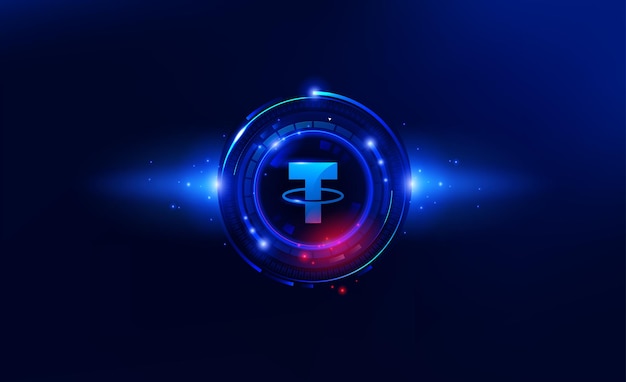 Tether or Usdt cryptocurrency web banner with blue and red lighting. Digital fiat. Blockchain technology. Vector illustartion