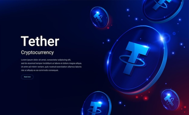 Tether or Usdt cryptocurrency web banner with blue and red lighting Digital fiat Blockchain technology Vector illustartion