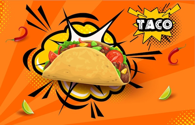 Tex Mex Mexican taco on retro halftone bubbles background Mexico food vector background Mexican cuisine fast food or restaurant menu poster with taco on halftone cloud boom chili pepper and lemon