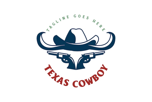 Texas Cowboy Hat with Longhorn Bull and Guns Badge Emblem Logo Design