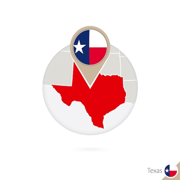 Texas US State map and flag in circle. Map of Texas, Texas flag pin. Map of Texas in the style of the globe. Vector Illustration.