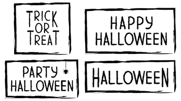 Vector text banner with the inscription for the holiday. happy halloween party. trick or treat. pattern with a texture in a simple grunge frame with a spiders web. vector illustration in black and white.