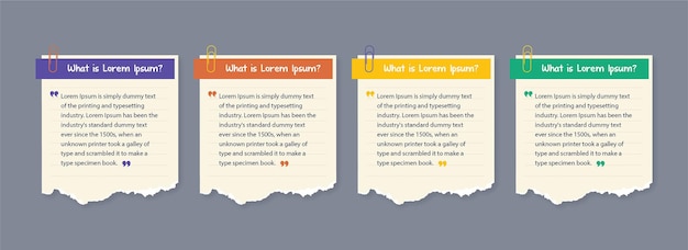 Text box design with note papers and torn paper infographic mockup collection template set vector