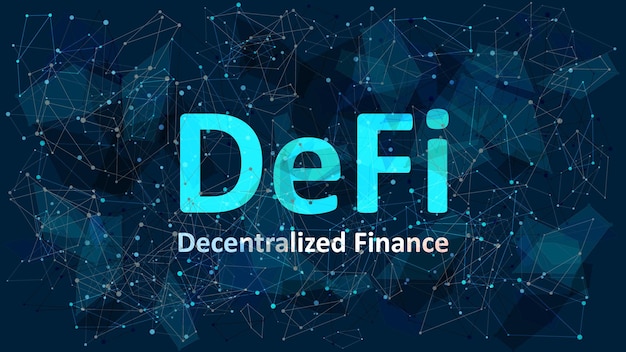 Text Defi decentralized finance on dark blue abstract polygonal background An ecosystem of financial applications and services based on public blockchains Vector EPS 10