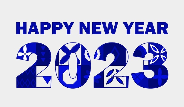 The text of the Happy New Year 2023. Inside the numbers is a geometric tile blue pattern