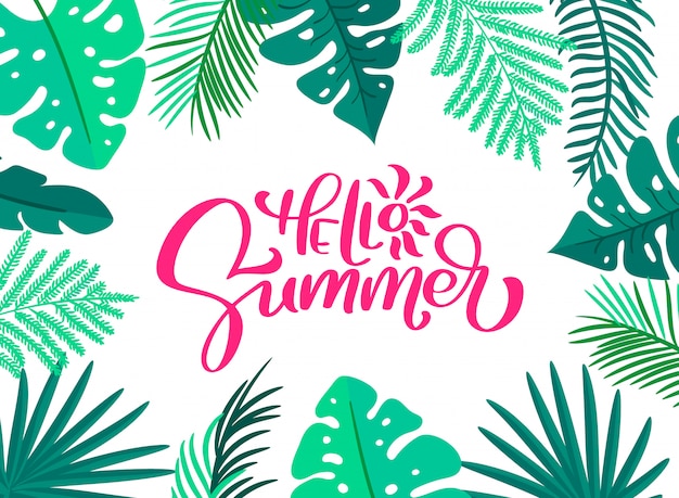 Text Hello summer in floral leaves frame card