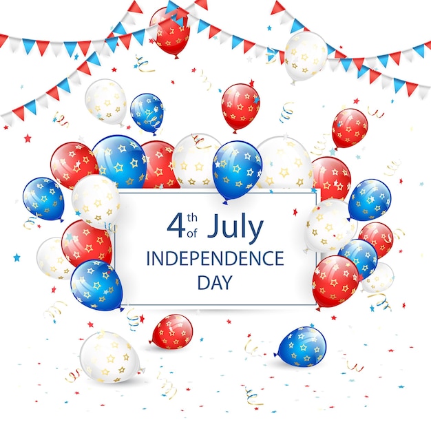 Text Independence day 4th of July with banner balloons and pennants on white background Independence day Theme Illustration can be used for holiday design cards posters banners