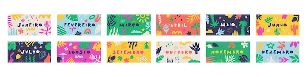 Text in Portuguese translation January February March April May June July August September October November December Set of banners of colorful doodle flora backgrounds Vector