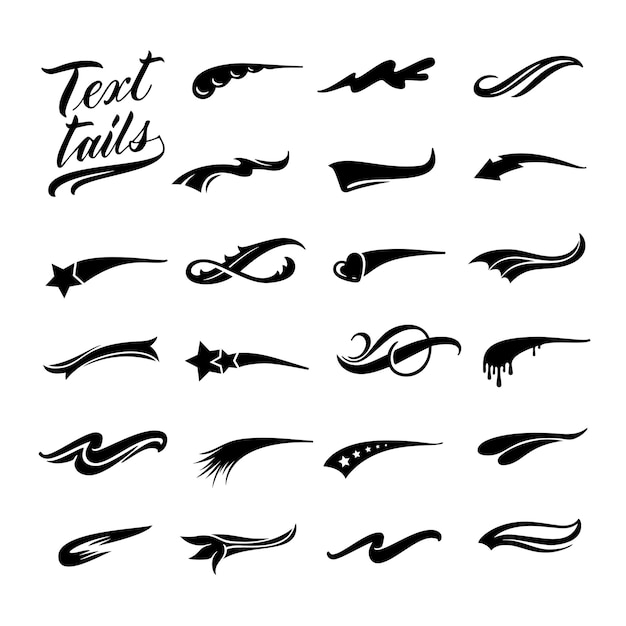 Text tails Calligraphic swoosh retro decorative swish line and underline curl for baseball sport emblem design vector set