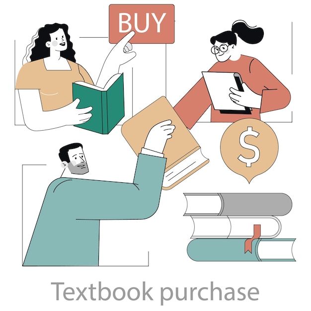 Vector textbook purchase concept students engage in buying educational books amidst a backdrop of economic