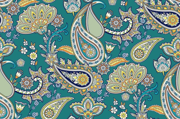 Textile design with flower garment and abstract paisley in indian style digital background