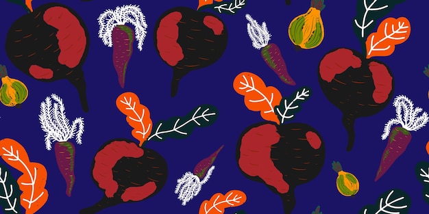 Texture vegetables beet carrot onion Plant organic pattern Cartoon style Hand drawn elements Vector seamless overlapping pattern