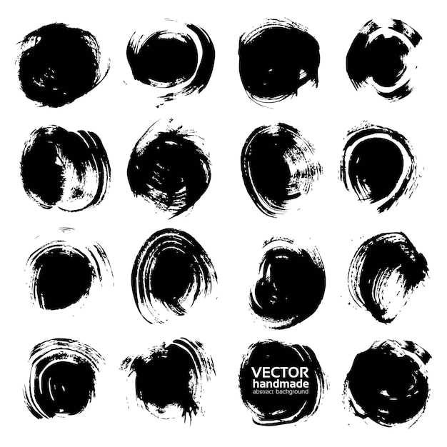 Textured abstract black round smears vector objects big set isolated on a white background