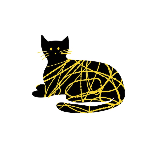 Textured cute cat illustration black and yellow color isolated on white