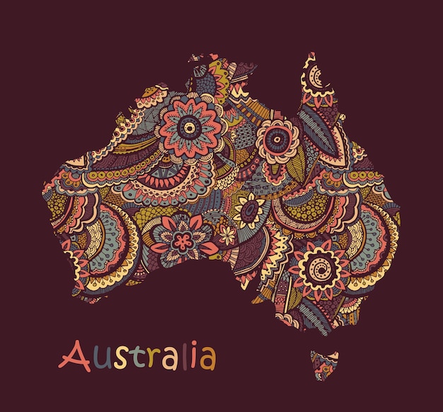 Textured vector map of Australia Hand drawn ethno pattern tribal background