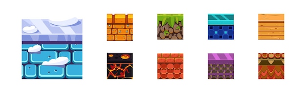 Textures for Game Platformers Square Icon Vector Set Graphic Material Surface for Mobile Game