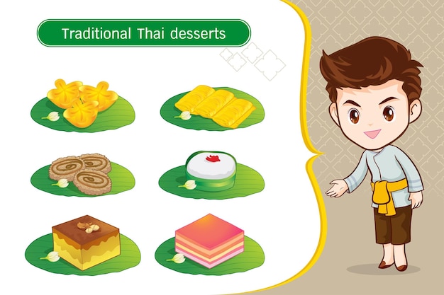 Thai character in traditional costume Sawasdee and welcome presenting traditional thai dessert set