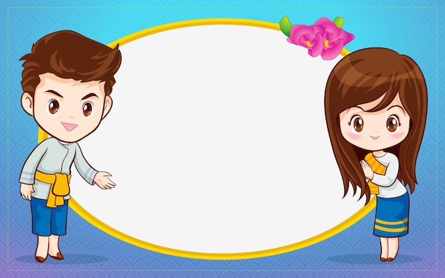 Thai couple cartoon character in traditional costume presenter Sawasdee and welcome  menu template