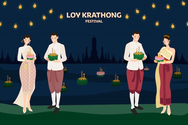 Thai couple traditional dress floating flowers loy kratong thailand festival full super moon night and temple scene celebration