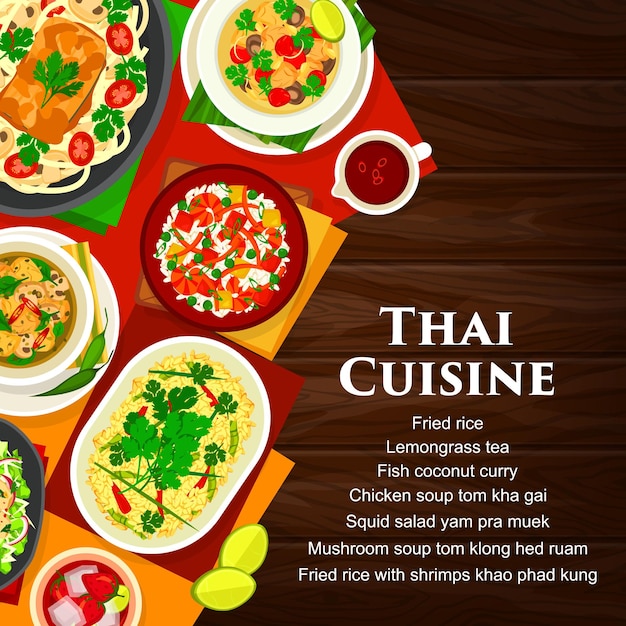 Thai cuisine, food of Thailand cartoon poster