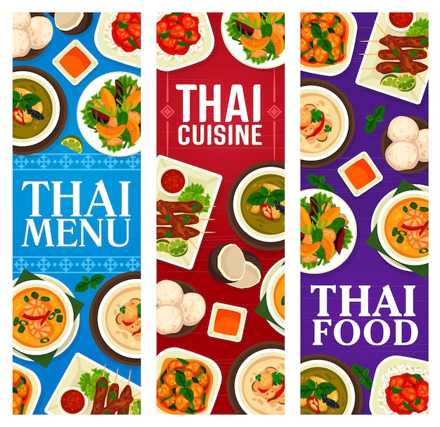 Thai cuisine food traditional dishes, meal banners