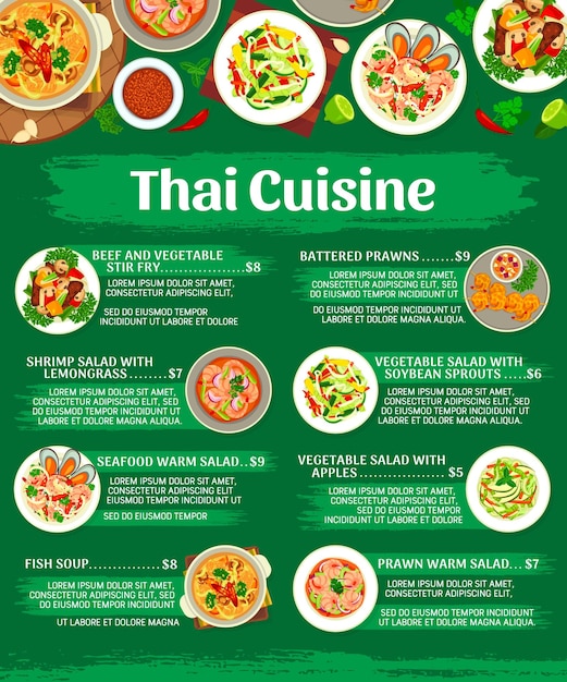 Thai cuisine restaurant menu vector template