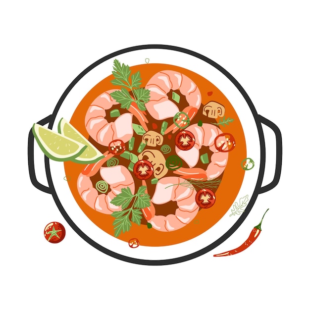 Vector thai dish tom yam soup  asianfood top view hand drawn illustration isolated on white background