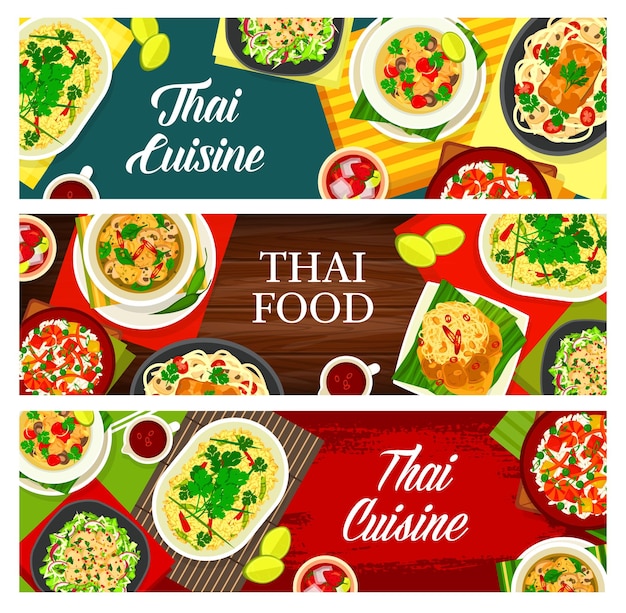 Thai food Korea cuisine cartoon vector banners