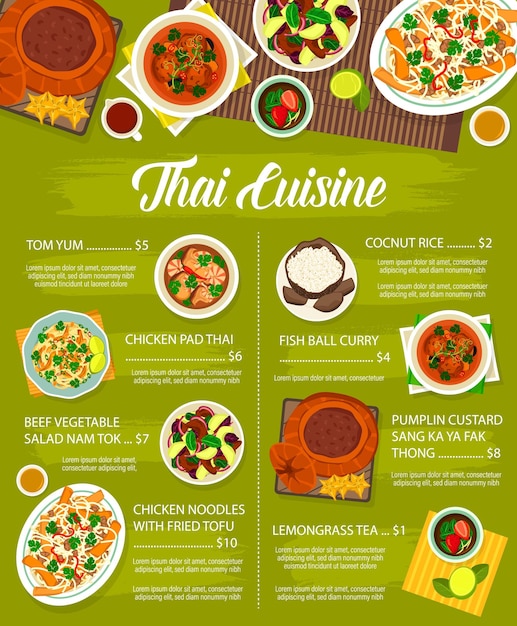 Thai food menu, Thailand cuisine Asian, restaurant