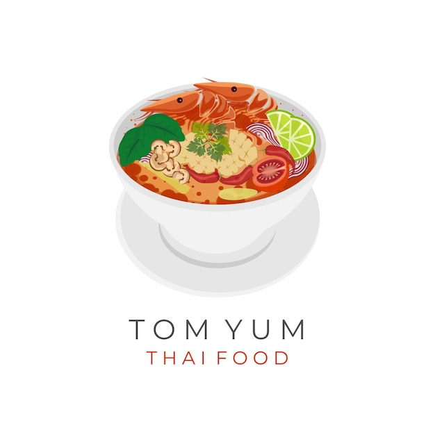 Thai Food Tom Yum Soup Vector Illustration Logo With Seafood Stuffing And Fresh Spicy Gravy