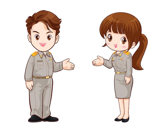 Thai government officers in uniform couple cartoon character