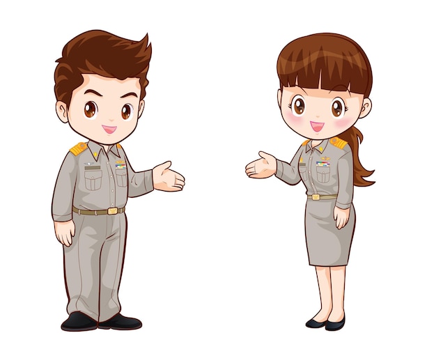 Thai government officers in uniform couple cartoon character