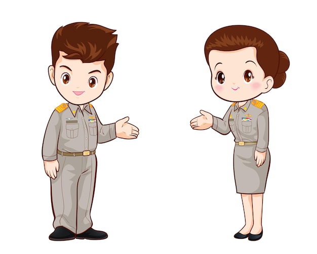 Thai government officers in uniform couple cartoon character