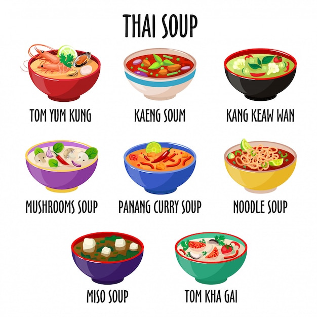 Thai soup set, different dishes in colorful bowls isolated