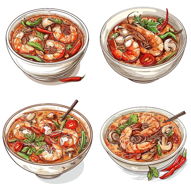 Thai soup spicy and sour chili paste soup with shrimp engraving illustration