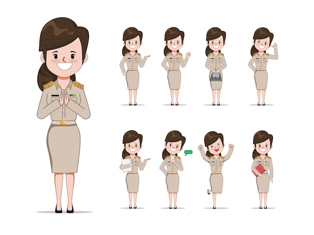 Thai teacher in uniform set pose. Young government with job character.