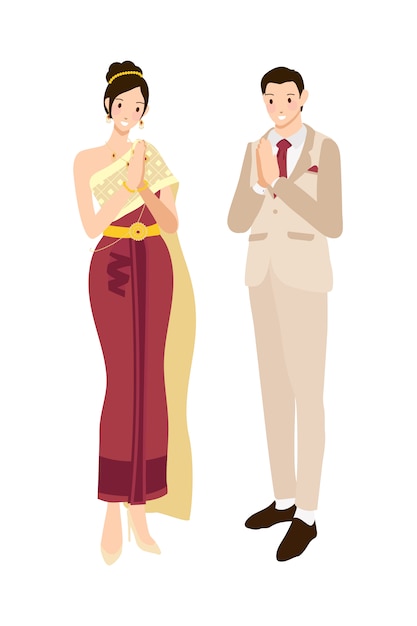 Vector thai wedding couple greeting in traditional light blue-grey dark suit and dress 