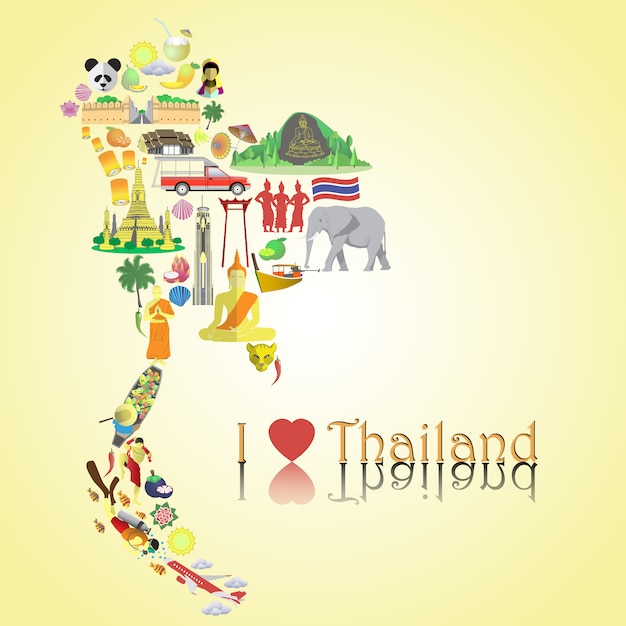 Thailand map. Set coloricons and symbols in form of map