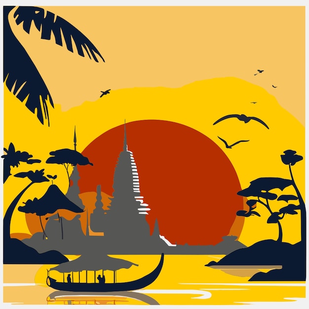 Vector thailand sunset beach vector illustration flat 2